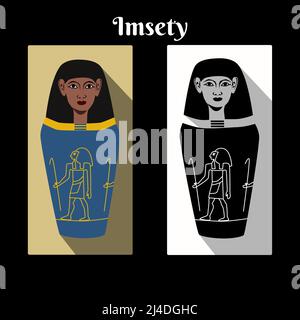 Antico Egitto vaso canopico con dio Horus figlio Imsety testa cappuccio e nome script. Gods Man giara colore e carta bianco nero. Carretti canopici illustrazione vettoriale guardiano Illustrazione Vettoriale