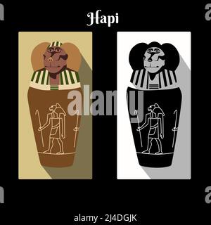 Antico Egitto vaso canopico con dio Horus figlio Hapi testa e nome script. Gods Cynocephalus vasetto colore e carta bianco nero. Carretti canopici illustrazione vettoriale guardiano Illustrazione Vettoriale