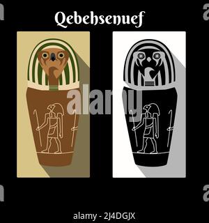 Antico Egitto vaso canopico con dio Horus figlio Qebeksenuef testa cappuccio e nome script. Gods Falcon giara colore e carta bianco nero. Carretti canopici illustrazione vettoriale guardiano Illustrazione Vettoriale