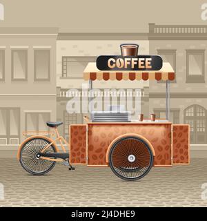 Caffè carrello di strada con case tenda e strada in città illustrazione vettoriale realistica Illustrazione Vettoriale