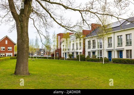 Fila di moderne case a conduzione familiare di nuova costruzione lungo il canale di Kortenoord a Wageningen, Gelderland nei Paesi Bassi Foto Stock