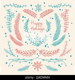 Vacanze invernali modello floreale disegnato a mano con rami di alberi naturali immagine vettoriale dei colori rosso e blu Illustrazione Vettoriale