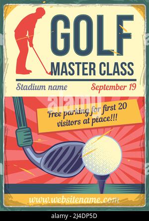 Pubblicità poster design con illustrazione di un golf club su sfondo polveroso. Illustrazione Vettoriale