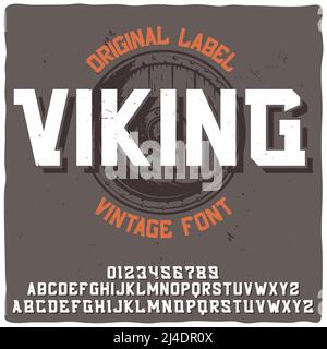 Carattere di etichetta vintage denominato "Viking" con illustrazione di uno scudo. Buon carattere artigianale per qualsiasi design di etichette. Illustrazione Vettoriale
