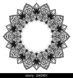 Mandala di fiori rotondi. Ornamento orientale decorativo. Bordo del telaio rotondo. Motivo circolare per mehndi, tatuaggio, logo. Illustrazione vettoriale. Illustrazione Vettoriale