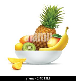 Piatto vettoriale pieno di frutti tropicali ananas, kiwi, mango, papaya, banana isolato su sfondo bianco Illustrazione Vettoriale