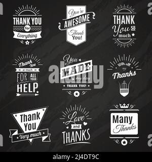 Collezione Chalkboard di nove vintage grazie segni fare in illustrazione vettoriale di stile del font diverso Illustrazione Vettoriale