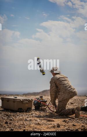 US Marine Corps Lance CPL. Brandon Janik, un rifleman con il primo battaglione, 3d Marines, lancia un sistema Switchblade 300 10C come parte dell'esercizio di formazione del livello di servizio 1-22 al Marine Corps Air Ground Combat Center Twentynine Palms, California, 24 settembre 2021. I nuovi e avanzati sistemi di armi miglioreranno la capacità dei Marines 3d di combattere e vincere un ambiente distribuito e conteso. Janik è un nativo di Franksville, Wisconsin. (STATI UNITI Foto del corpo marino di CPL. Alexis Moradian) Foto Stock