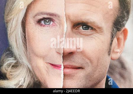 Parigi, Francia. 14th Apr 2022. Illustrazione del secondo turno delle elezioni presidenziali in Francia, con le schede elettorali dell'attuale presidente Emmanuel Macron (LREM) e Marine le Pen (RN), a Parigi (Francia), il 14 aprile 2022. Gli elettori francesi si dirigono alle urne per votare ed eleggere il loro nuovo presidente della Repubblica. Credit: Victor Joly/Alamy Live News Foto Stock