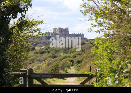 Sentiero per il castello di dover lungo la cima delle bianche scogliere, al sole della primavera, a se Kent, Regno Unito Foto Stock