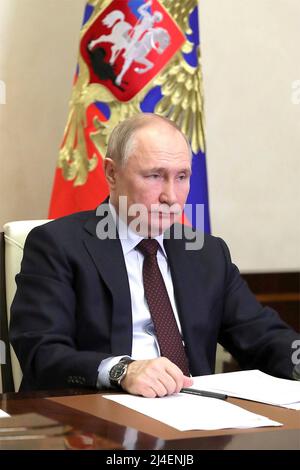 Novo-Ogaryovo, Russia. 14th Apr 2022. Il presidente russo Vladimir Putin presiede una videoconferenza sulla situazione delle industrie petrolifere e del gas, dalla residenza ufficiale a Novo-Ogaryovo, 14 aprile 2022 fuori Mosca, Russia. Credit: Mikhail Klimentyev/Kremlin Pool/Alamy Live News Foto Stock