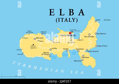 Elba, mappa politica, isola mediterranea in Toscana, Italia, con capitale Portoferraio. Sito del primo esilio di Napoleone. Foto Stock