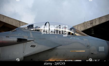 Un F-15D Eagle assegnato al 44th Fighter Squadron parte per un volo di familiarizzazione per il Giappone Air Self-Defense Force Lt. Gen. Masahito Yajima, comandante della forza di difesa aerea del sud-ovest, alla base aerea di Kadena, Giappone, 12 aprile 2022. Team Kadena Airmen partecipa regolarmente a eventi di formazione ed esercizi con le controparti JASDF per rafforzare l'interoperabilità, garantire la difesa del Giappone e mantenere un libero e aperto Indo-Pacific. (STATI UNITI Air Force foto di staff Sgt. Benjamin Raughton) Foto Stock