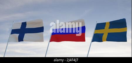 Bandiere DI SVEZIA RUSSIA E FINLANDIA che ondeggiano con cielo blu nuvoloso sfondo, 3D rendering guerra Foto Stock