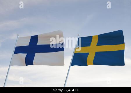 Bandiere DI SVEZIA e FINLANDIA che ondeggiano con cielo blu nuvoloso sfondo,3D rendering GUERRA Foto Stock