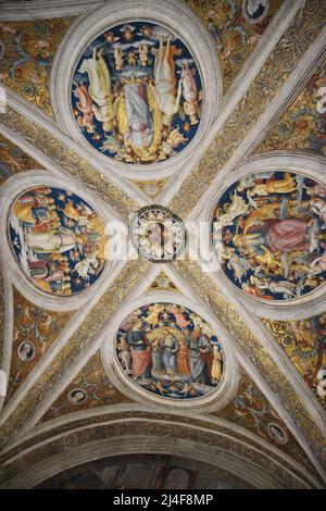 Soffitto, Sala del fuoco nel Borgo, le Stanze di Raffaello, Palazzo Pontificio, Museo Vaticano. Perugino raffigurato nei quattro medaglioni il più ho Foto Stock