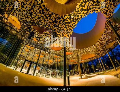 Vista notturna dell'iconica Casa della Musica Ungheria. L'edificio progettato dall'architetto giapponese Sou Fujimoto. La sala della musica ha aperto nel 2022 Foto Stock