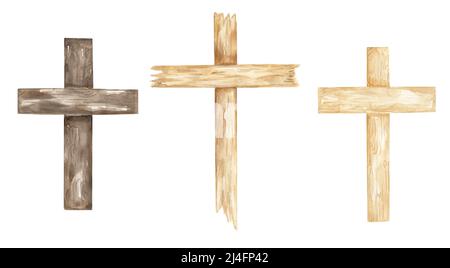 Cross Clipart, Watercolor Christian brawn e croce di legno chiaro set, Battesimo Croce clip arte, inviti alle nozze, Spirito Santo, illustrazione religiosa Foto Stock