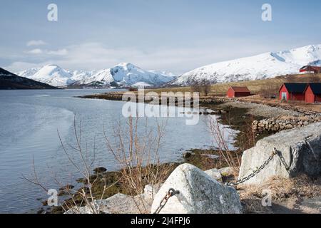 Vista da Revnes nelle Isole Vesteralen della Norvegia Foto Stock