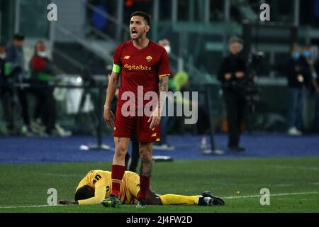 Lorenzo Pellegrini (Roma) reagisce durante la gara della UEFA Conference League Quarter Final LEG 2 tra ROMA E FK Bodo Glimt allo Stadio Olimpico il 14 2022 aprile a Roma. (Foto di Giuseppe fama/Pacific Press) Foto Stock