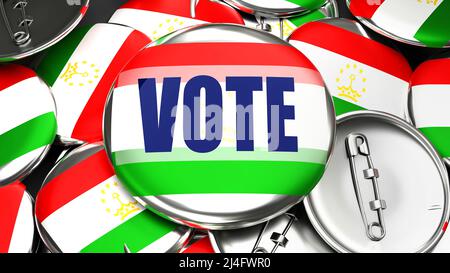 Tagikistan e voto - decine di pulsanti di pinback con una bandiera del Tagikistan e una parola di voto. 3D rendere simbolo del prossimo voto in questo paese., 3D il Foto Stock