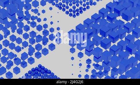 Blocchi di 3D cubi blu di diverse dimensioni appesi in aria. Design. Cubetti che squillano in righe su sfondo bianco, loop senza cuciture. Foto Stock