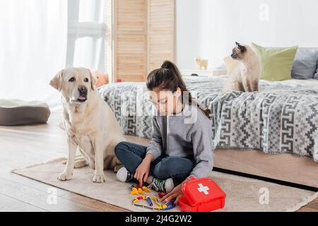 ragazza di età preseee che gioca medico con strumenti medici giocattolo vicino a labrador e gatto in camera da letto Foto Stock
