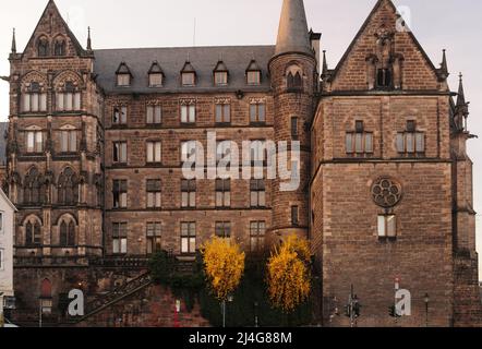 Castello Landgrafenschloss a Marburg Hesse Germania in Una bella Primavera giorno dopo il tramonto Foto Stock