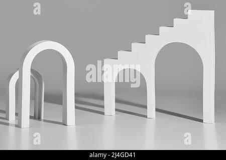 Archi bianchi e scale con aperture ad arco su sfondo grigio Foto Stock