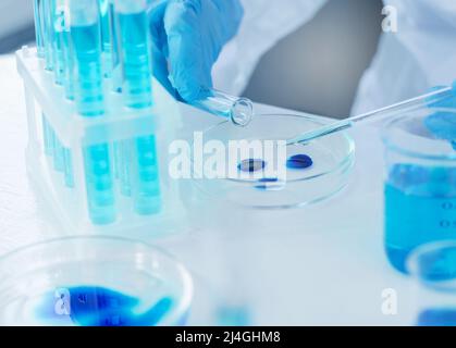 Un ricercatore conduce esperimenti in laboratorio. Lo scienziato versa il liquido da una provetta e da una pipetta da laboratorio in una piastra Petri Foto Stock