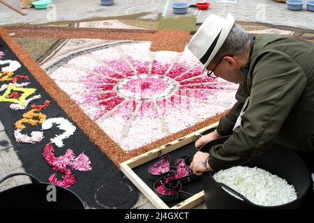 Spagna. 14th Apr 2022. Installazioni di fiori e murales sono posti a Guia de Isora, Spagna il 14 aprile 2022 lungo il percorso del Processional per la settimana Santa. (Foto di Mercedes Menendez/Pacific Press/Sipa USA) Credit: Sipa USA/Alamy Live News Foto Stock