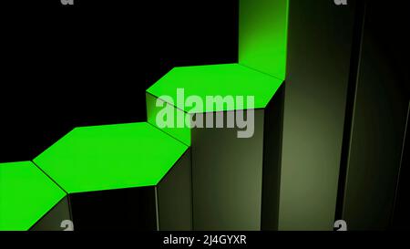 3D barre verticali verdi di forma esagonale che si innalzano una ad una su sfondo nero, anello senza cuciture. Design. Visualizzazione del grafico 3D. Foto Stock