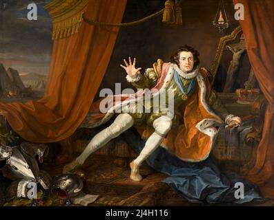 Abbi pietà, Jeu! Morbido! Ho fatto, ma sogno. O coscienza vigliarda, come mi affligge! – Richard III Act V di Shakespeare, SC. 3. David Garrick nel 1745 come Richard III poco prima della battaglia di Bosworth Field, il suo sonno essendo stato infestato dai fantasmi di quelli che ha ucciso, si sveglia alla consapevolezza che è solo nel mondo e la morte è imminente. Dipinto di William Hogarth. Foto Stock