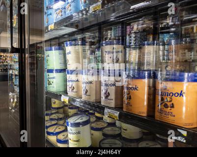 Woodinville, WA USA - circa Aprile 2022: Vista angolata di galloni di gelato Tillamook nella sezione freezer di un negozio di alimentari fresco Haggen Northwest Foto Stock