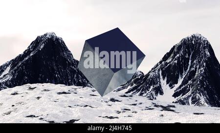 Astratto paesaggio surrealistico con montagne bianche e nere e cubo girevole d'argento. Design. Filatura 3D cubo riflettente con la gola tra Foto Stock