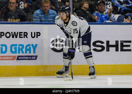 Jacksonville Icemen difensore Jacob Panetta (15) durante una partita di hockey contro i conigli della Greenville Swamp alla Veterans Memorial Arena di Jacksonville, Florida, mercoledì 13 aprile 2022. [Gary Lloyd McCullough/Cal Sport Media] Foto Stock