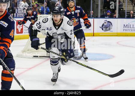 Jacksonville Icemen Forward Craig Martin (29) durante una partita di hockey contro i conigli della Greenville Swamp alla Veterans Memorial Arena di Jacksonville, Florida, mercoledì 13 aprile 2022. [Gary Lloyd McCullough/Cal Sport Media] Foto Stock