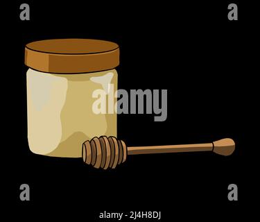 Vaso di vetro di miele con cucchiaia di miele in legno - sfondo nero Foto Stock