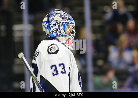 Jacksonville Icemen goaltender Franois Brassard (33) durante una partita di hockey contro i conigli di Greenville Swamp alla Veterans Memorial Arena di Jacksonville, Florida, mercoledì 13 aprile 2022. [Gary Lloyd McCullough/Cal Sport Media] Foto Stock