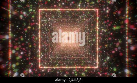 Luce infinita alla fine del tunnel quadrato di punti e particelle incandescenti. Movimento. Tecnologia informatica di base, loop senza interruzioni. Foto Stock
