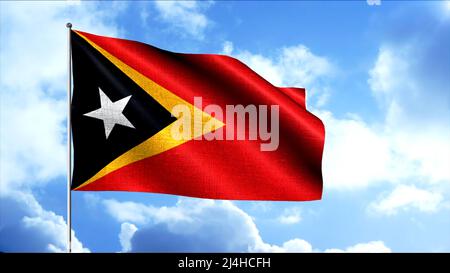 La bandiera di Timor orientale. Movimento. Bandiera tricolore costituita da due triangoli e una stella su sfondo rosso Foto Stock