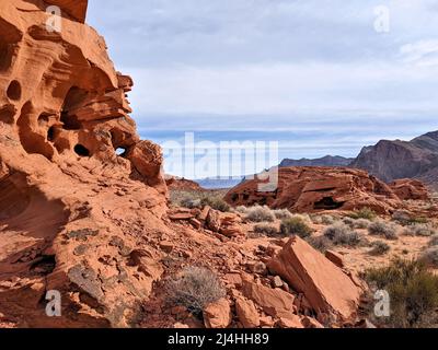 Rocce rudde e vegetazione sparsa del deserto si estendono all'orizzonte sotto un cielo blu fasciato di nuvole Foto Stock