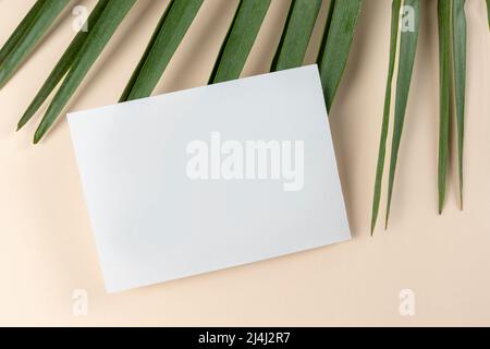 Vuoto invito mock up su beige con foglia di palma. Biglietto di auguri vuoto orizzontale. Disposizione piatta, vista dall'alto Foto Stock