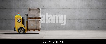Robot carrello elevatore auto senza conducente che solleva e sposta pallet scatola di cartone al magazzino. Business industriale e di produzione. E un 3D Illustrat Foto Stock