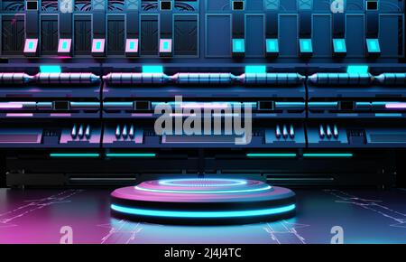 Il podio del prodotto fantascienticista cyberpunk è in vetrina con base a navicella spaziale con sfondo blu e rosa. Tecnologia e concetto di oggetto. 3D rendering dell'illustrazione Foto Stock