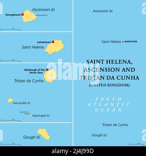 Sant'Elena, Ascensione e Tristan da Cunha, carta politica. Territorio britannico d'oltremare nel sud Atlantico, con la capitale Jamestown. Foto Stock