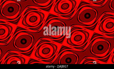 Animazione astratta digitale con cerchi che trasformano il rosso caleidoscopico. Design. Superficie rotante che cambia con sagome geometriche che diventano diritte Foto Stock