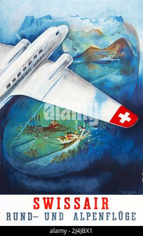 Poster di viaggio vintage 1930s - Swissair - rund- und Alpenflüge - di Eugène Häfelfinger - 1937 Foto Stock