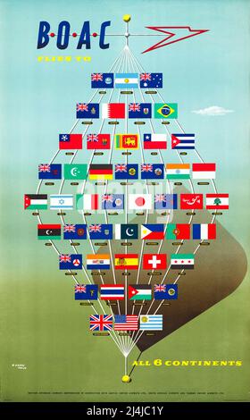 Poster di viaggio vintage 1950s - BOAC - Flies to all 6 Continents - Abram Games - 1953 Foto Stock