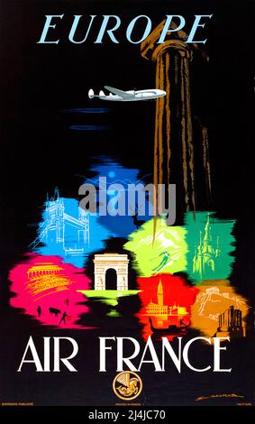 Poster di viaggio Vintage 1940s - Air France - Europe - di Edmond Maurus - 1948 Foto Stock